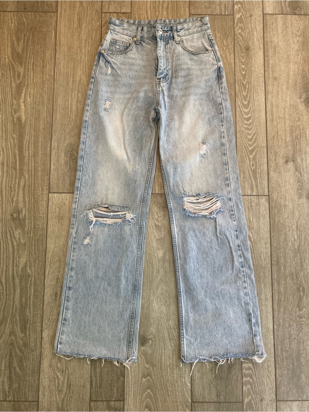 Light Wash Distressed Wide-Leg Jeans